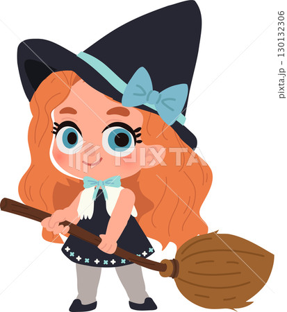 cute witch illustration of a little girl with broomstick and hat perfect for halloween 130132306