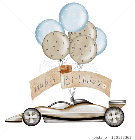Race car watercolor illustration. Race car in pastel colors with balloons and with the inscription happy birthday on a white background. Ideal for children's textiles, stickers and baby shower design Race car watercolor illustration. Race car in pastel colors with balloons and with the inscription happy birthday on a white background. Ideal for children's textiles, stickers and baby shower design 130132362