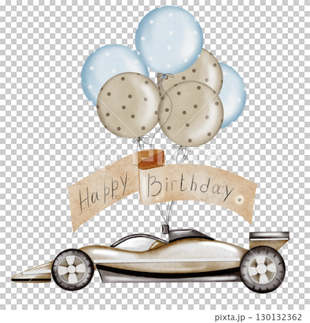 Race car watercolor illustration. Race car in pastel colors with balloons and with the inscription happy birthday on a white background. Ideal for children's textiles, stickers and baby shower design Race car watercolor illustration. Race car in pastel colors with balloons and with the inscription happy birthday on a white background. Ideal for children's textiles, stickers and baby shower design 130132362