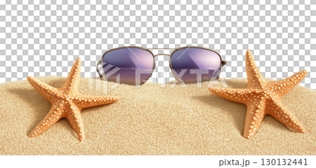 Sunglasses and Starfish on Sand 130132441