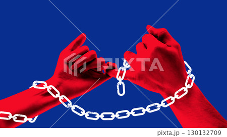 Collage of red hands breaking chain symbolizing fragile freedom and emotional struggle Collage of red hands breaking chain symbolizing fragile freedom and emotional struggle 130132709