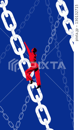 Bold colorful poster. Woman climbing oversized chains symbolizing fragile ambition and struggle for freedom 130132715