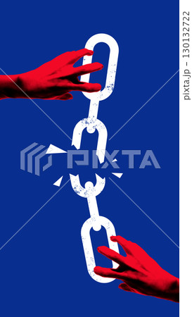 Modern collage. Red hands breaking chain link symbolizing rebellion and fragile hope Modern collage. Red hands breaking chain link symbolizing rebellion and fragile hope 130132722