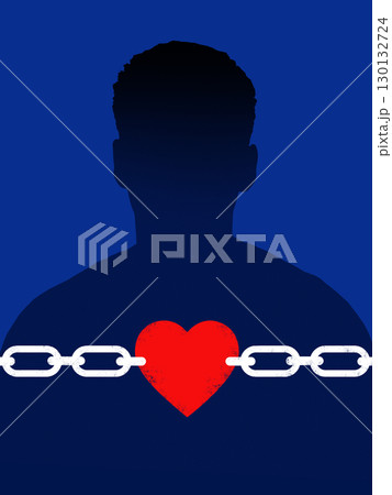 Graphic composition. Silhouette with chained heart symbolizing emotional suppression and fragile love 130132724