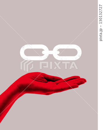 Colorful collage. Red hand holding broken chain link symbolizing fragile hope 130132727