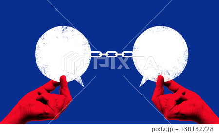 Creative digital artwork. Connected speech bubbles by chain held in red hands on blue background Creative digital artwork. Connected speech bubbles by chain held in red hands on blue background 130132728