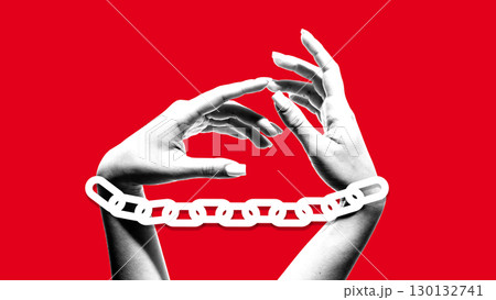 Surreal collage art. Hands in chain symbolizing restriction and fragile emotion on red background Surreal collage art. Hands in chain symbolizing restriction and fragile emotion on red background 130132741