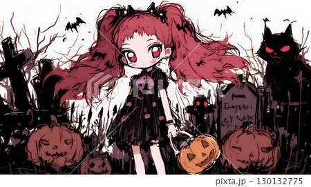 キモかわいいハロウィーンコスプレの女の子（クレヨンと水彩画風）