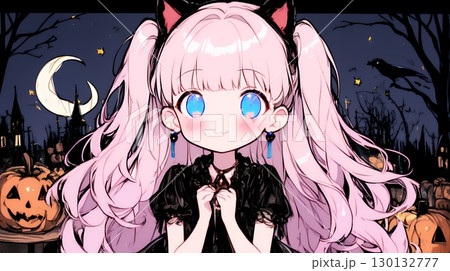 キモかわいいハロウィーンコスプレの女の子（クレヨンと水彩画風）