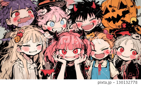 キモかわいいハロウィーンコスプレの女の子（クレヨンと水彩画風）