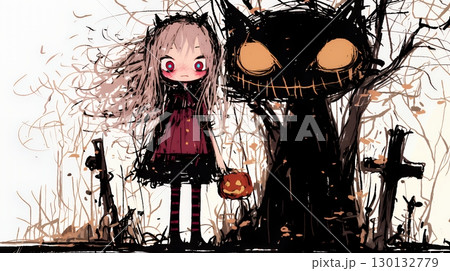 キモかわいいハロウィーンコスプレの女の子（クレヨンと水彩画風）