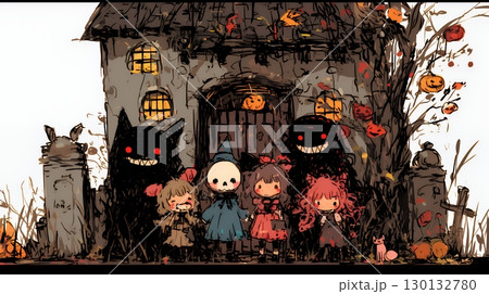 キモかわいいハロウィーンコスプレの女の子（クレヨンと水彩画風）