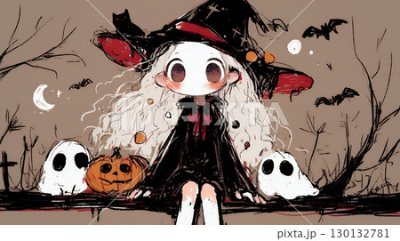 キモかわいいハロウィーンコスプレの女の子（クレヨンと水彩画風）