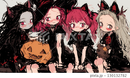 キモかわいいハロウィーンコスプレの女の子（クレヨンと水彩画風）