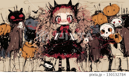 キモかわいいハロウィーンコスプレの女の子（クレヨンと水彩画風）