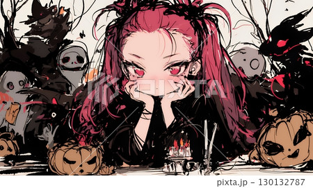 キモかわいいハロウィーンコスプレの女の子（クレヨンと水彩画風）