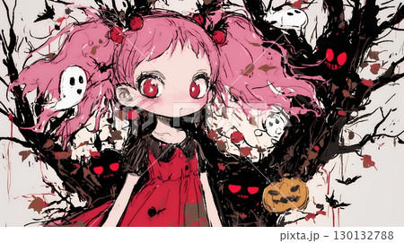 キモかわいいハロウィーンコスプレの女の子（クレヨンと水彩画風）