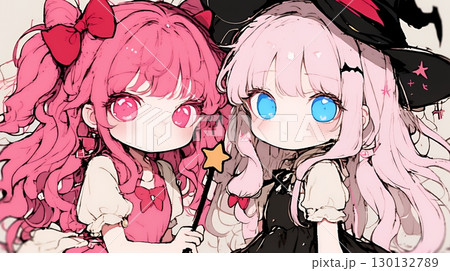 キモかわいいハロウィーンコスプレの女の子（クレヨンと水彩画風）