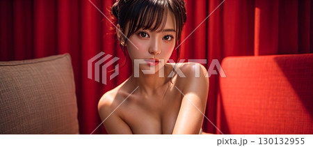 ソファに座るハーフの女性 130132955