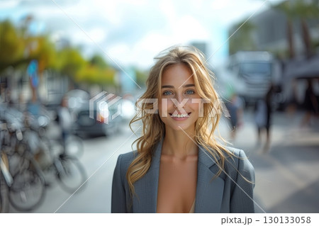 Smiling Blonde Woman On City Street 130133058