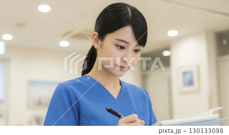 書類を記入する女性看護師 書類を記入する女性看護師 130133098