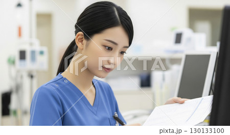 書類を記入する女性看護師 書類を記入する女性看護師 130133100