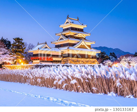 雪に包まれた日本の城とすすきの冬景色 130133167