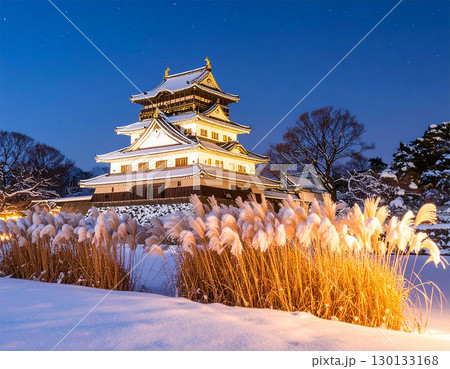 雪に包まれた日本の城とすすきの冬景色 130133168