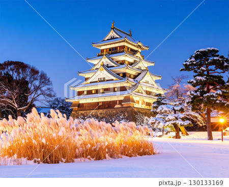 雪に包まれた日本の城とすすきの冬景色 130133169
