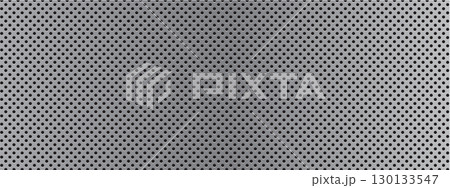 Perforated metal background with a repetitive circular pattern for industrial, mechanical, and futuristic designs. Mesh surface. Vector texture suitable for digital and printed content. 130133547