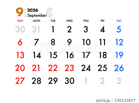 2026年, カレンダー,9月,コスモス 130133657