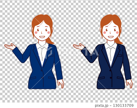 A young woman in a navy suit and ponytail pointing A young woman in a navy suit and ponytail pointing 130133709