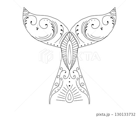 Hand drawn tribal ornament mermaid tail illustration with wave lines and fantasy elements. Tattoo style black outline, feminine 130133732