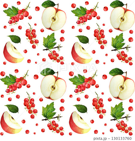 Red ripe apple and currant berries with lush green leaves, watercolor seamless pattern on white background. Bright berries and apples watercolor seamless pattern for design of textile, juice, jam 130133760