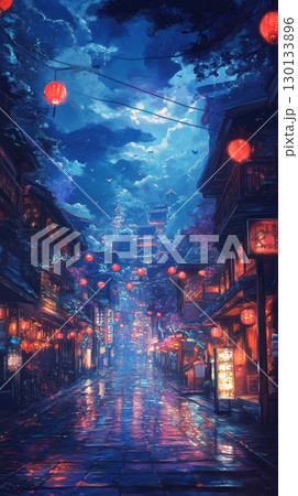 Colorful lanterns illuminate a bustling night market in a traditional town, reflecting on wet streets under a starry sky 130133896