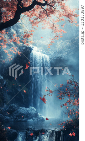 Water flows gently over rocks, creating a tranquil atmosphere in a mystical forest filled with colorful leaves and soft mist Water flows gently over rocks, creating a tranquil atmosphere in a mystical forest filled with colorful leaves and soft mist 130133897