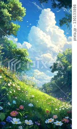 A peaceful meadow blooms with colorful flowers under a clear blue sky, fluffy clouds, and lush greenery 130133898