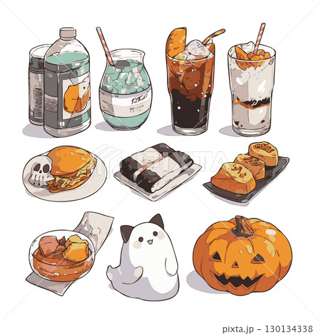 ハロウィンのデザートやスナック、飲み物を集めたイラストセット 130134338