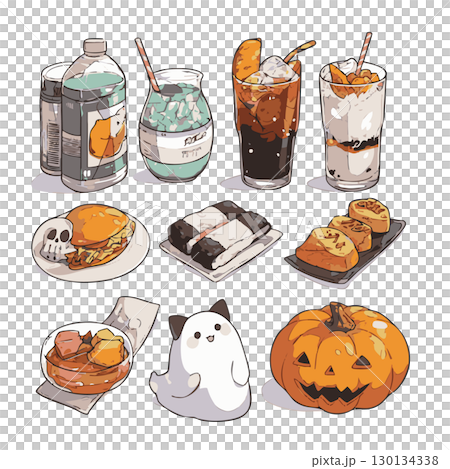 ハロウィンのデザートやスナック、飲み物を集めたイラストセット 130134338