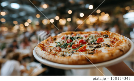 Fresh pizza served by waiter in busy restaurant with cozy atmosphere 130134345