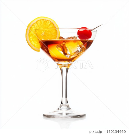 This vibrant cocktail features a mix of flavors with ice, a slice of orange, and a cherry, perfectly presented against a clean white background 130134460