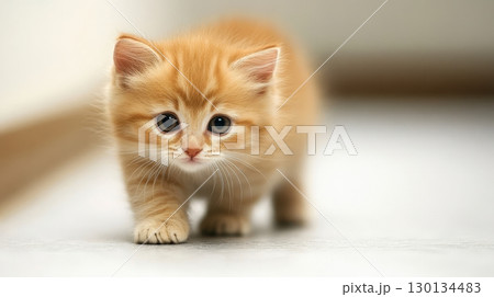 Cute orange kitten with striking blue eyes navigating a clean, well-lit room while displaying playful curiosity and charm 130134483