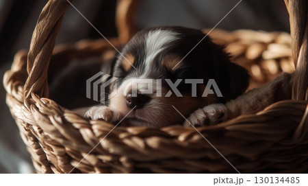 A small Australian puppy sleeps soundly in a cozy woven basket, showcasing its adorable features in a tranquil indoor environment 130134485