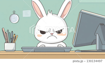 Adorable cartoon bunny sits at a bright computer desk, intently focused on typing, surrounded by colorful stationery and a clock 130134497