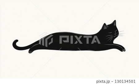 A black cat stretches out comfortably, showcasing its graceful form in a minimalistic cartoon style against a soft background 130134501