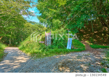 山梨県山梨市の西沢渓谷入口の林道にある甲武信ヶ岳登山口(戸渡尾根コース)と西沢渓谷分岐点 130134549