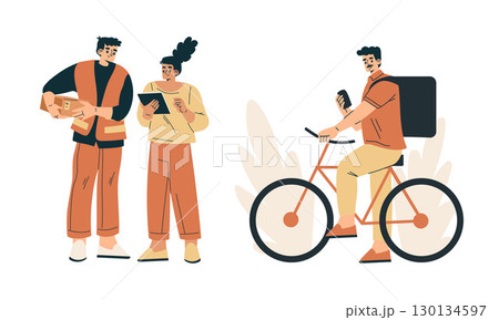 An Urban Delivery Scene Featuring a Cyclist and Engaged Customers Interacting Actively 130134597