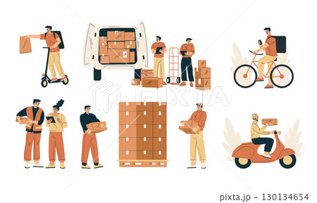 Modern Illustrations of Delivery Personnel and Packaging for Various Uses and Industries 130134654