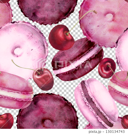 Creamy macarons and cherry in watercolor. Sandwich cake filled with berry mousse. Isolated hand painted motif for seamless backgrounds, baking-themed wallpapers, menu borders, blog decor patterns. 130134743