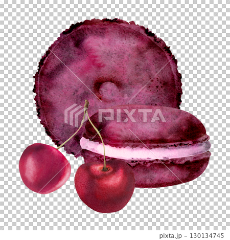 French macarons, whoopie pies and ripe cherry berries on stem, sweet sandwich dessert with puffy cream filling. Isolated illustration hand drawn in watercolor. Vintage cards, confectionery menu labels 130134745